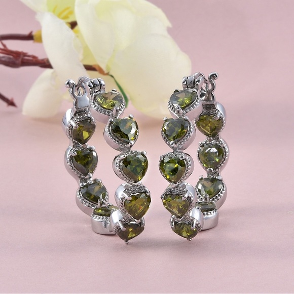 Stainless Steel Simulated Diamond Avocado Green Peridot Inside Out Hoop Earrings - Picture 5 of 15